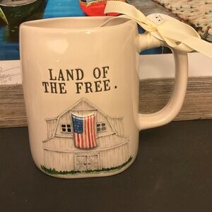 Rae Dunn Cream Mug - Land of the Free Barn Flag Design Red White & Blue